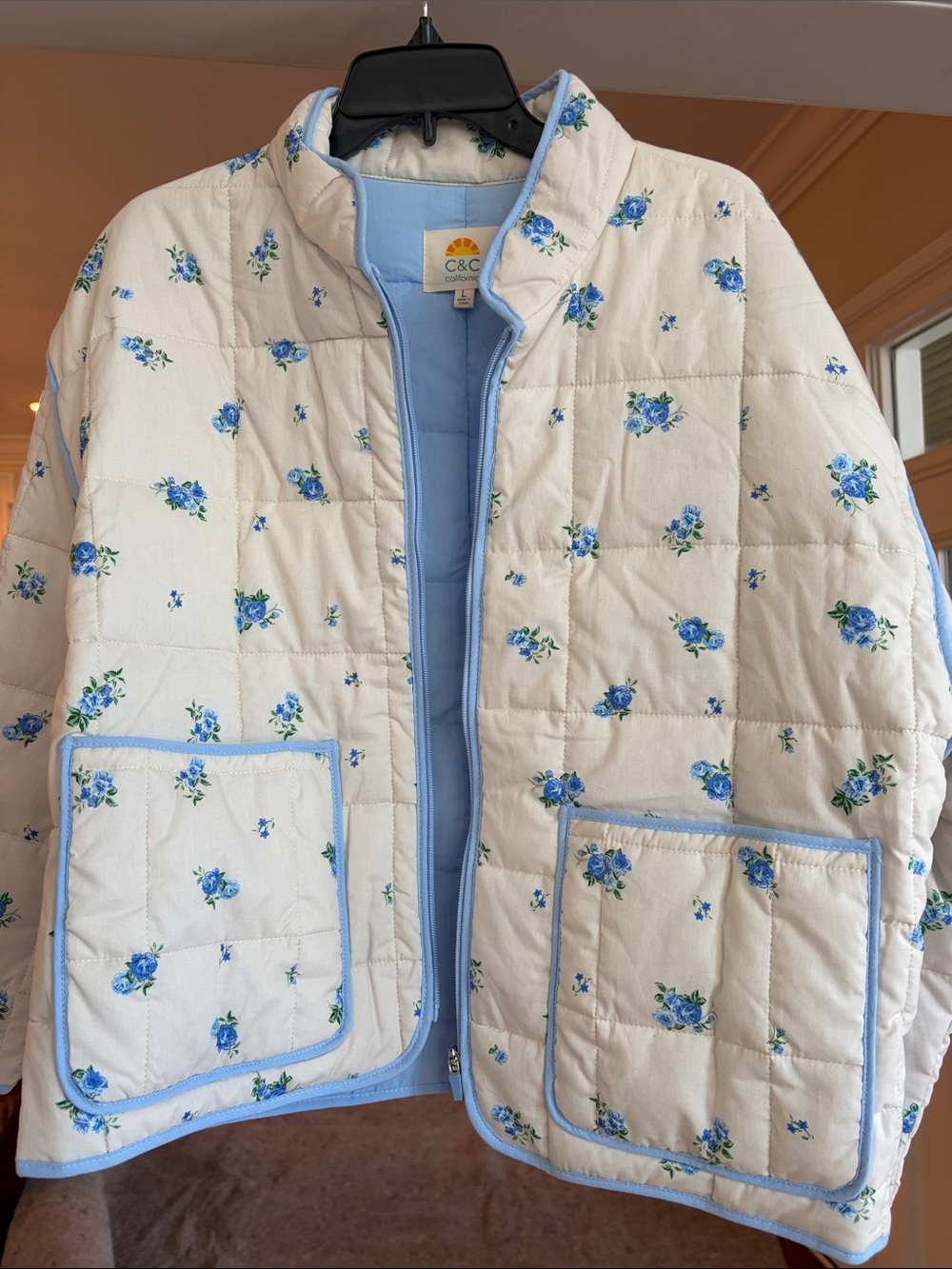 C&C California Cream Quilted Jacket with Blue Floral Trim